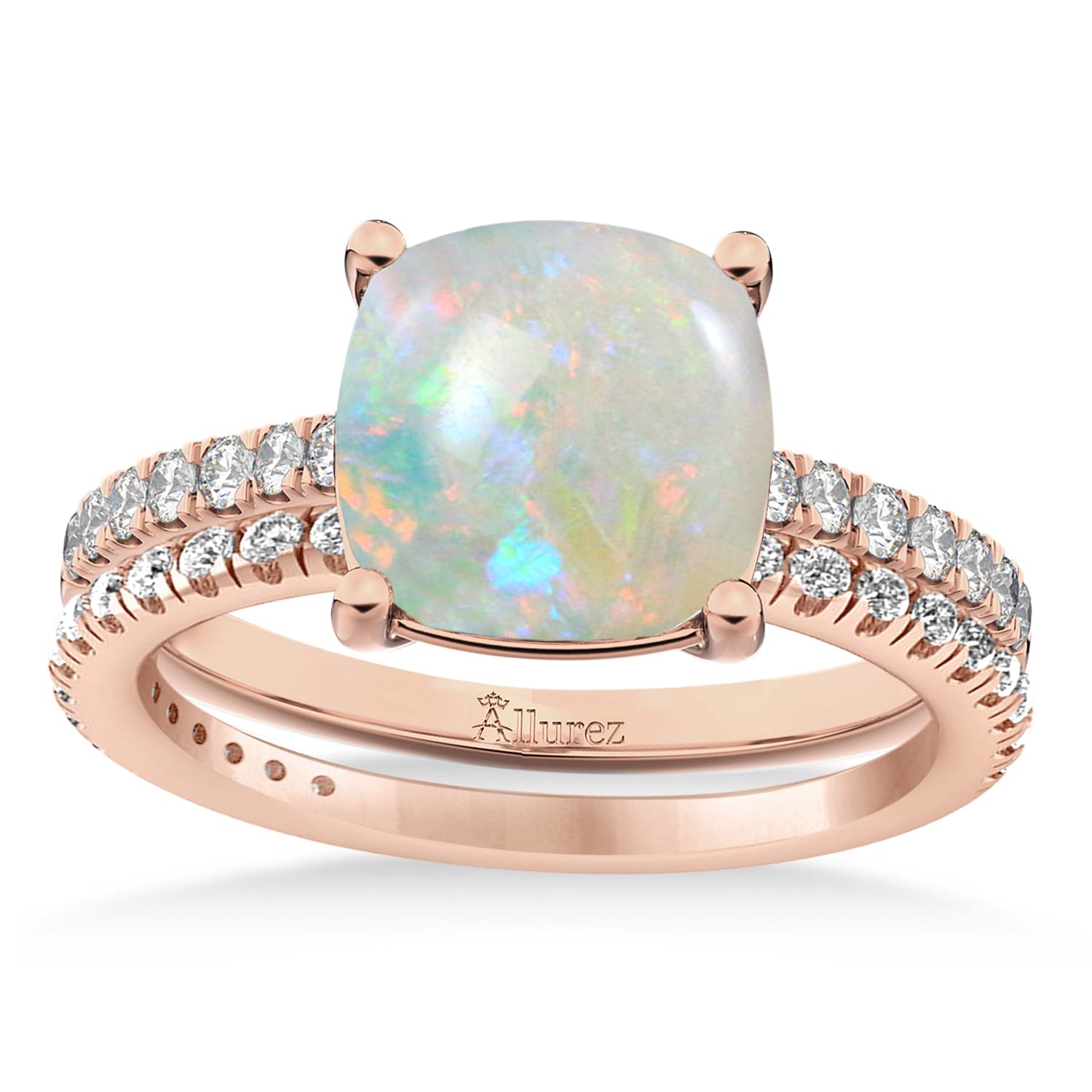 Opal & Diamond Cushion-Set Semi-Eternity Bridal Set 14K Rose Gold (3.22ct)