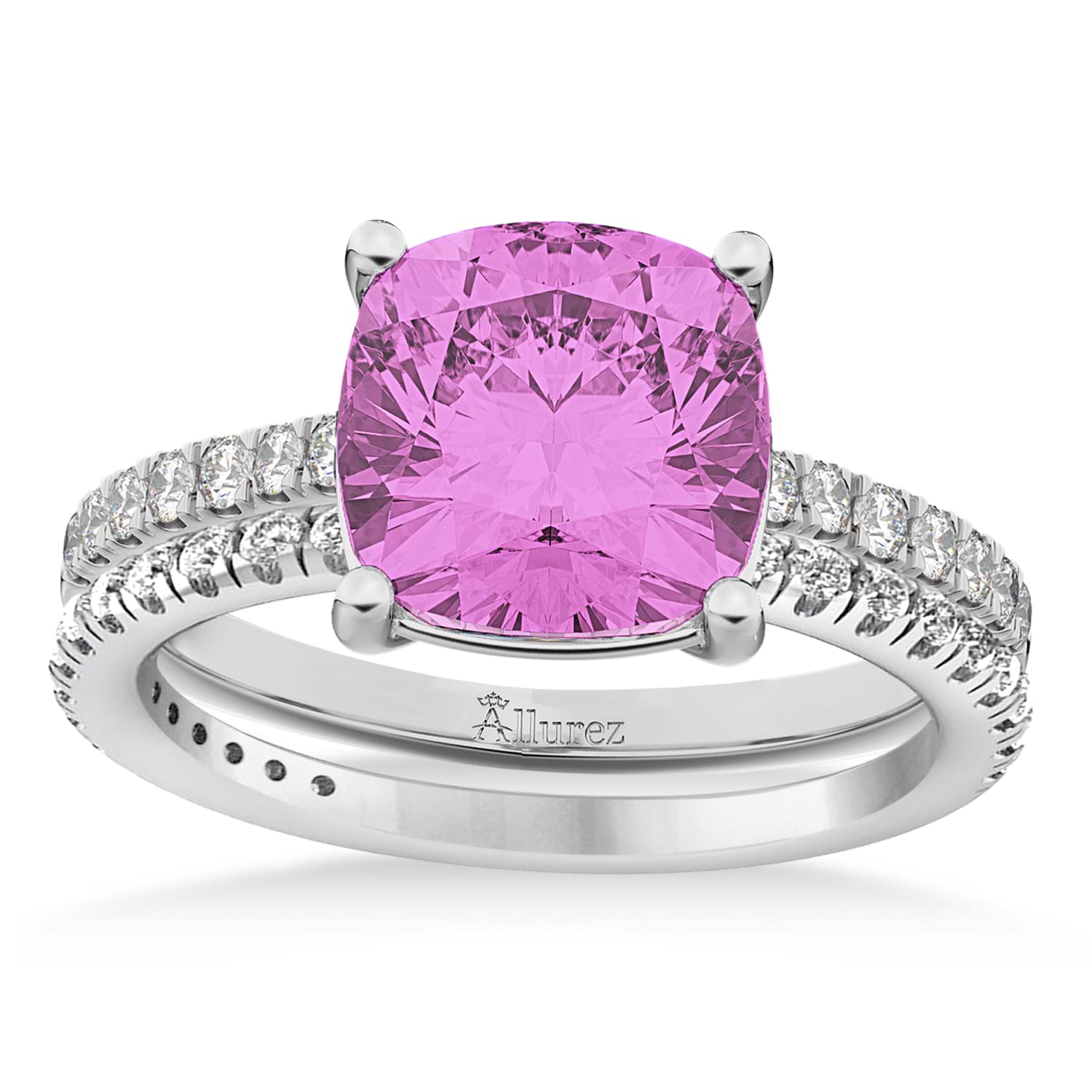 Pink Sapphire & Diamond Cushion-Set Semi-Eternity Bridal Set 14K White Gold (3.22ct)