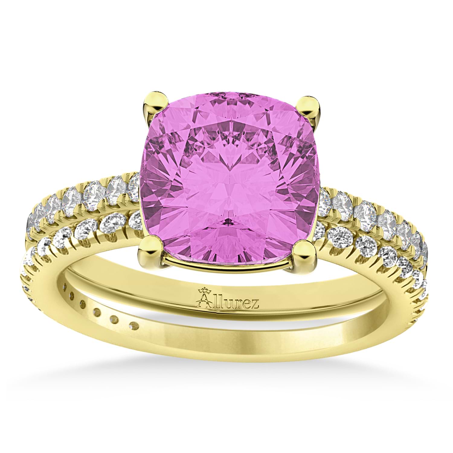 Pink Sapphire & Diamond Cushion-Set Semi-Eternity Bridal Set 14K Yellow Gold (3.22ct)