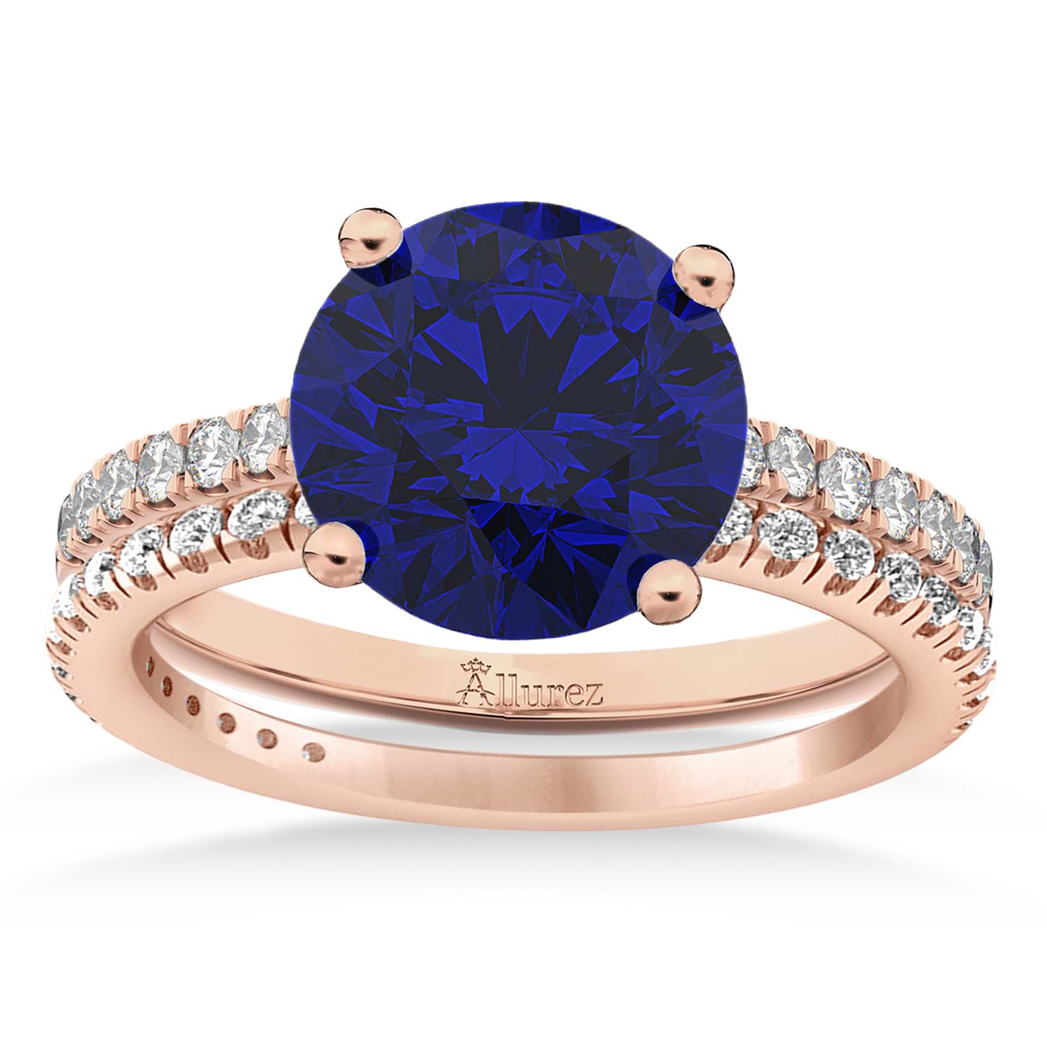 Blue Sapphire & Diamond Round-Set Semi-Eternity Bridal Set 14k Rose Gold (2.92ct)