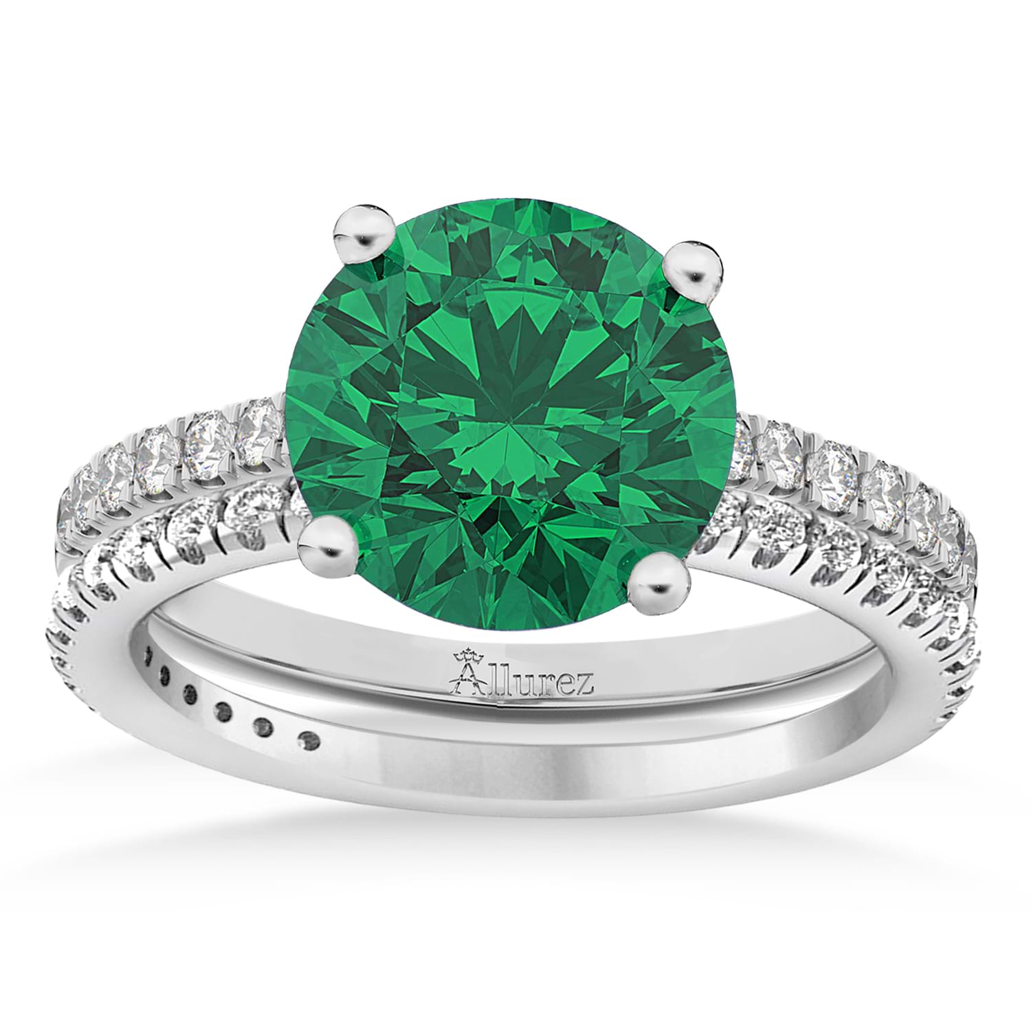 Emerald & Diamond Round-Set Semi-Eternity Bridal Set 14k White Gold (2.92ct)