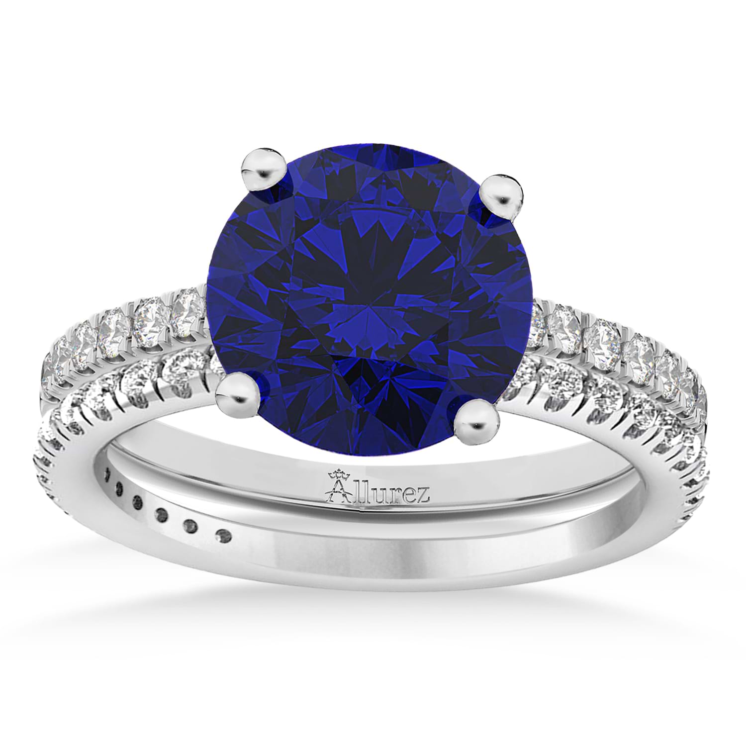 Lab Blue Sapphire & Diamond Round-Set Semi-Eternity Bridal Set 14k White Gold (2.92ct)
