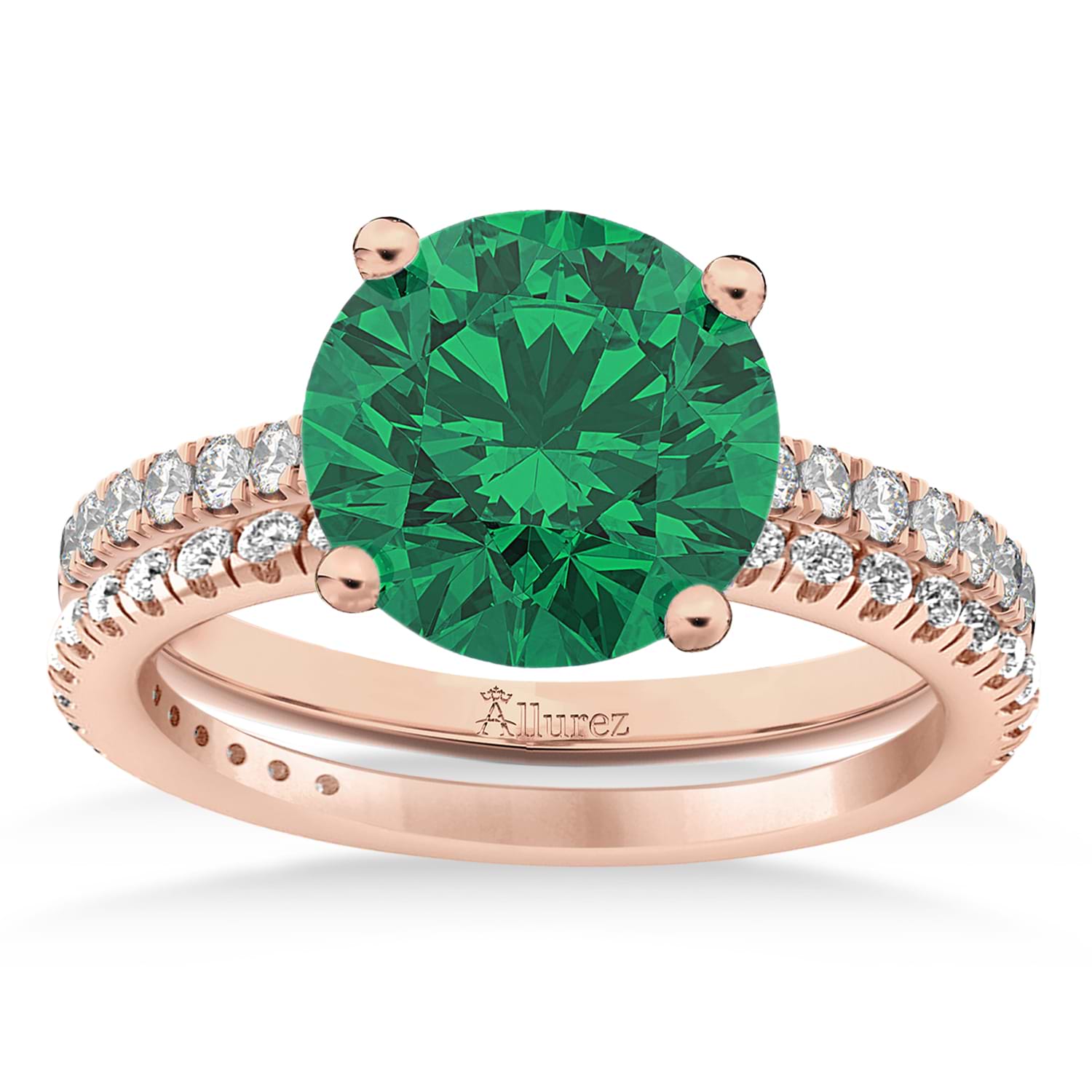 Lab Emerald & Diamond Round-Set Semi-Eternity Bridal Set 14k Rose Gold (2.92ct)