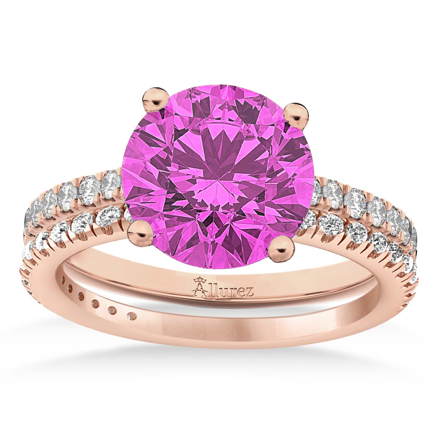 Pink Sapphire & Diamond Round-Set Semi-Eternity Bridal Set 14k Rose Gold (2.92ct)