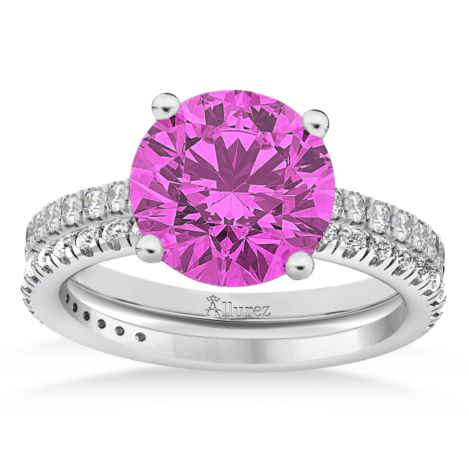 Pink Sapphire & Diamond Round-Set Semi-Eternity Bridal Set 14k White Gold (2.92ct)
