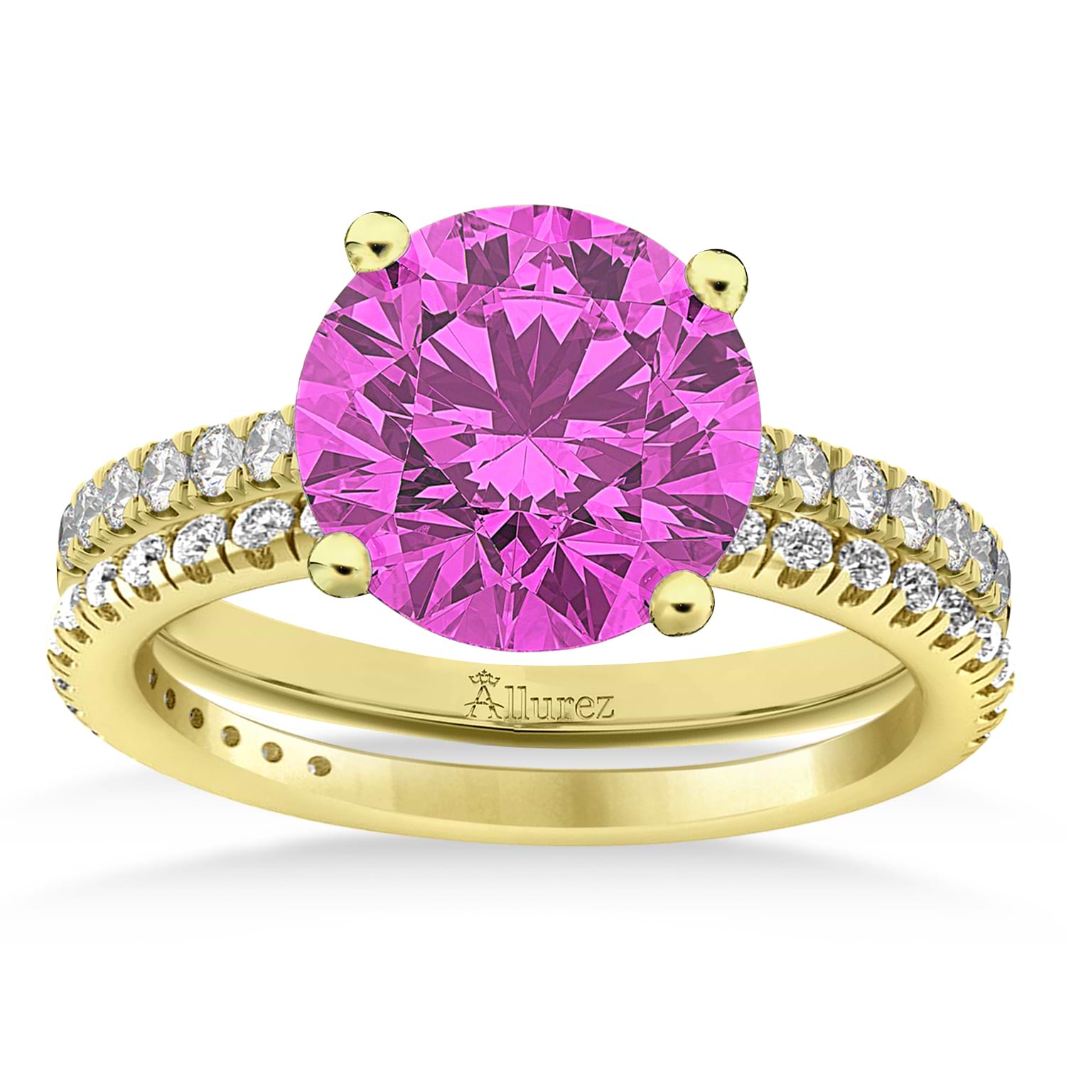 Pink Sapphire & Diamond Round-Set Semi-Eternity Bridal Set 18k Yellow Gold (2.92ct)