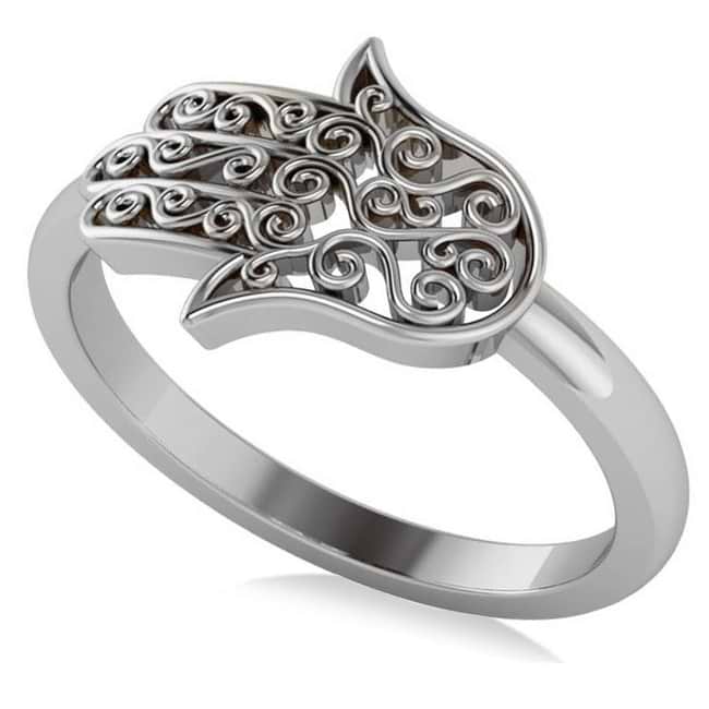 Hand of God Hamsa Swirl Design Spiritual Fashion Ring 14k White Gold