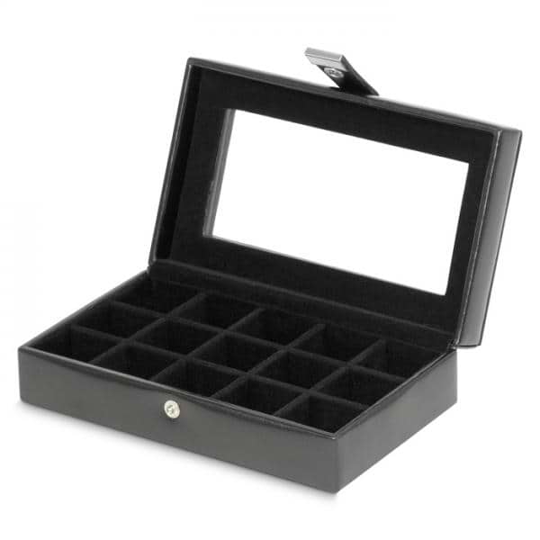 WOLF Heritage Men's Black Faux Leather Jewelry Box with Glass Top for Home or Travel
