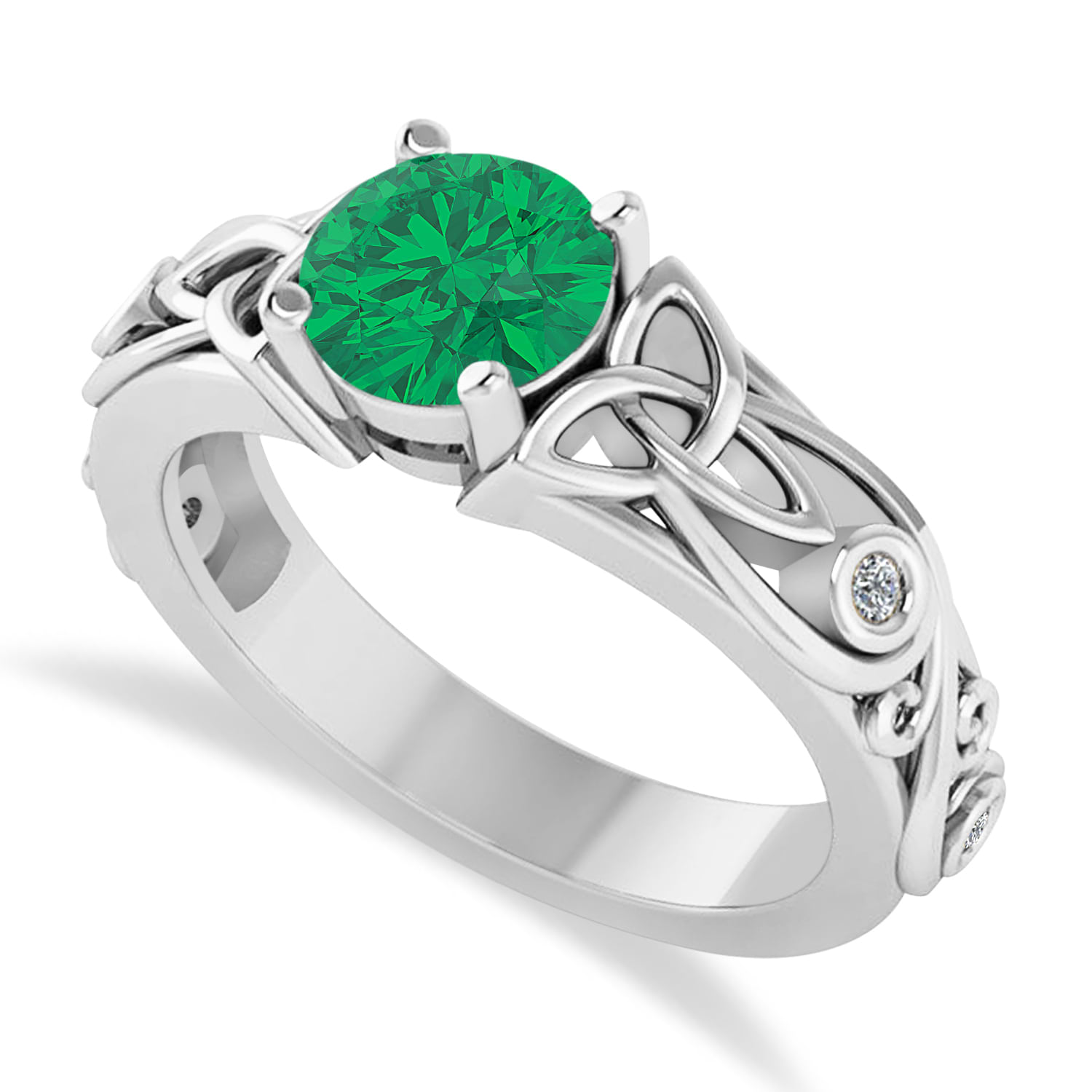 Diamond & Emerald Celtic Engagement Ring 14k White Gold (1.06ct)