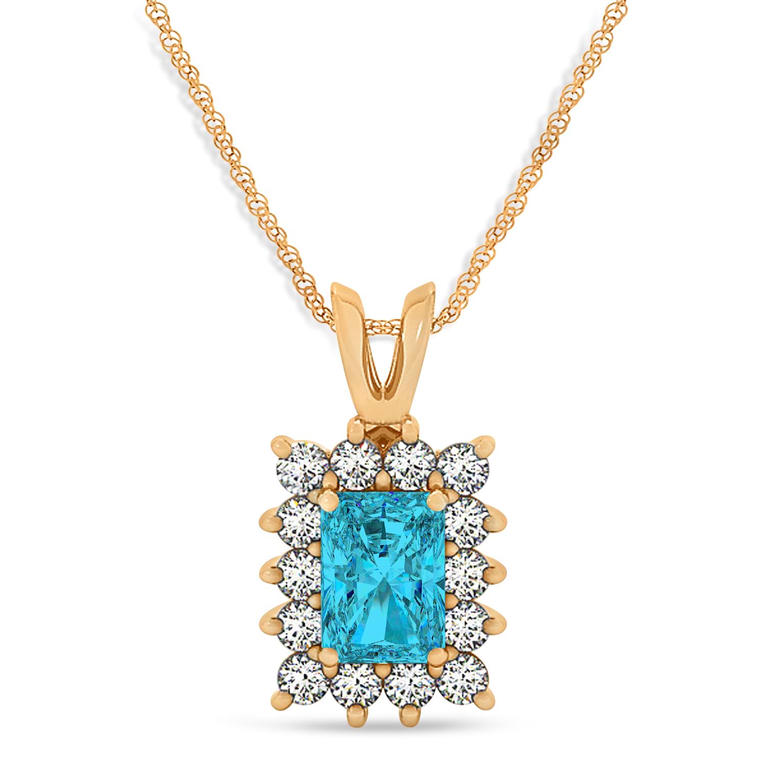 Emerald Shape Blue Diamond & Diamond Pendant Necklace 14k Rose Gold (3.00ct)