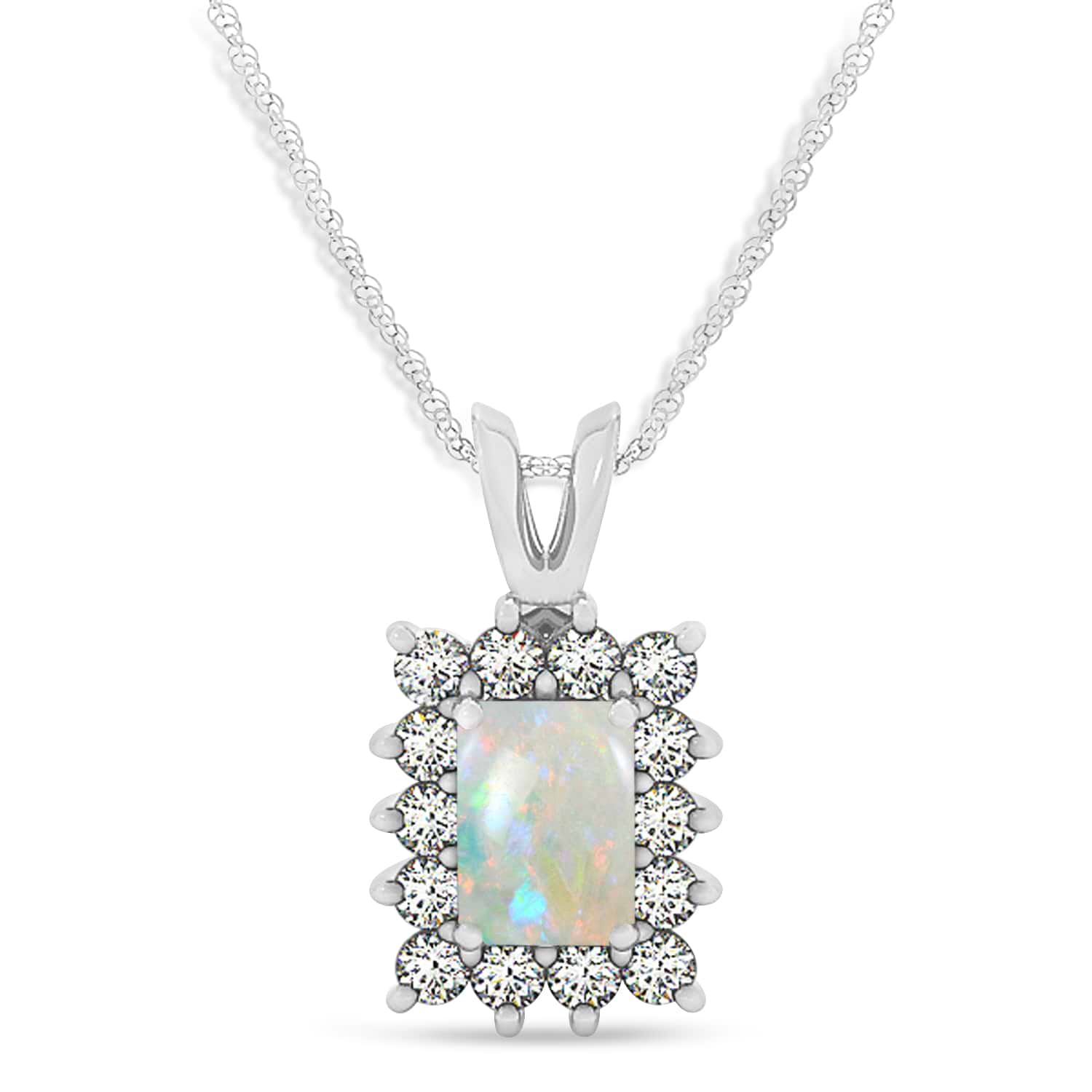 Emerald Shape Opal & Diamond Pendant Necklace 14k White Gold (3.00ct)