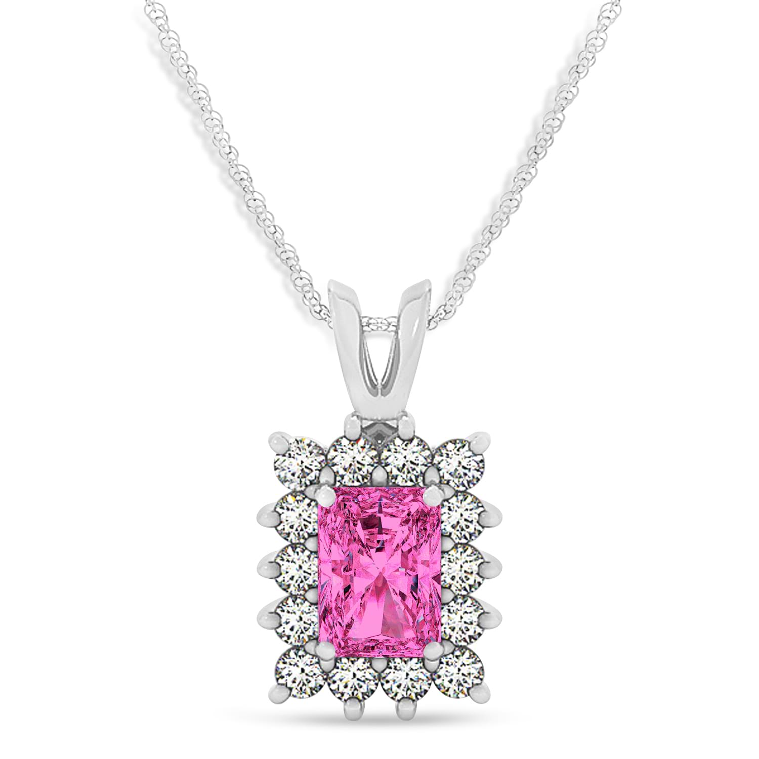 Emerald Shape Pink Topaz & Diamond Pendant Necklace 14k White Gold (3.90ct)