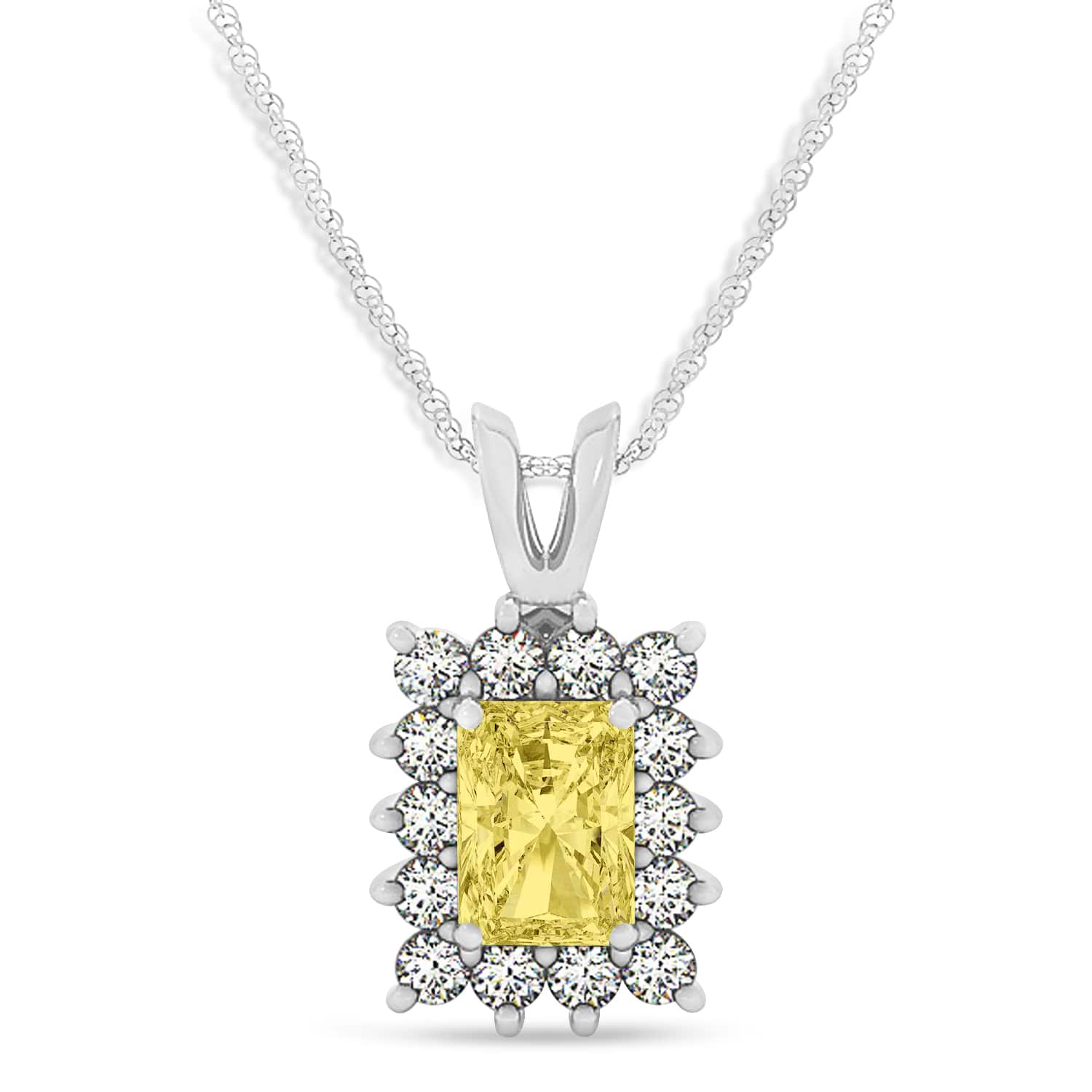 Emerald Shape Yellow Diamond & Diamond Pendant Necklace 14k White Gold (3.00ct)