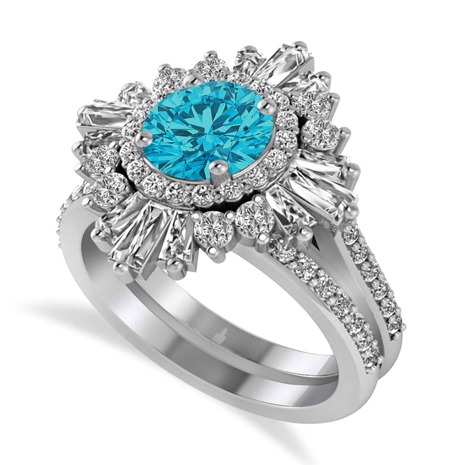 Blue Diamond & Diamond Ballerina Engagement Ring 14k White Gold (2.74 ctw)