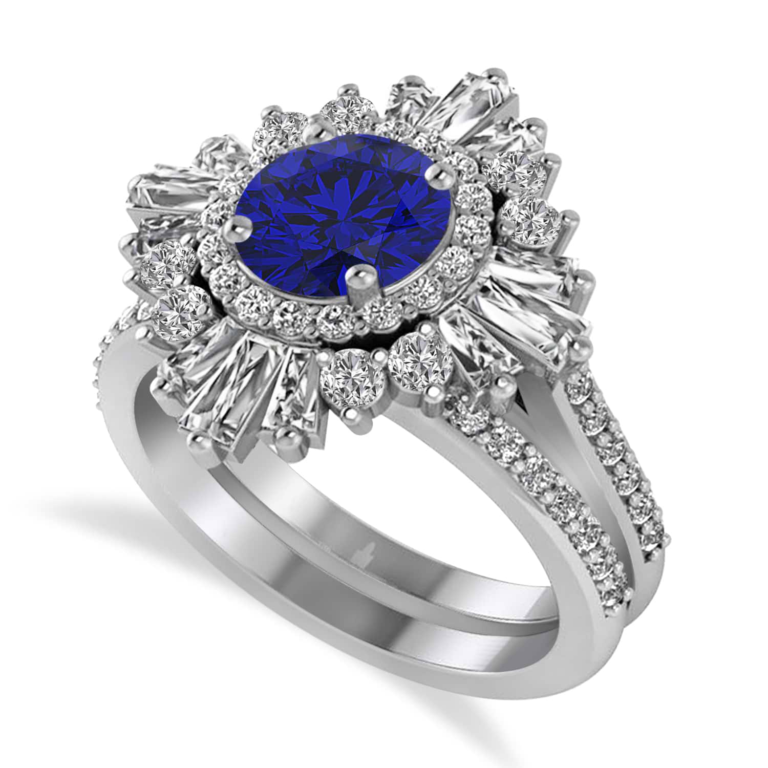 Blue Sapphire & Diamond Ballerina Engagement Ring 14k White Gold (2.74 ctw)