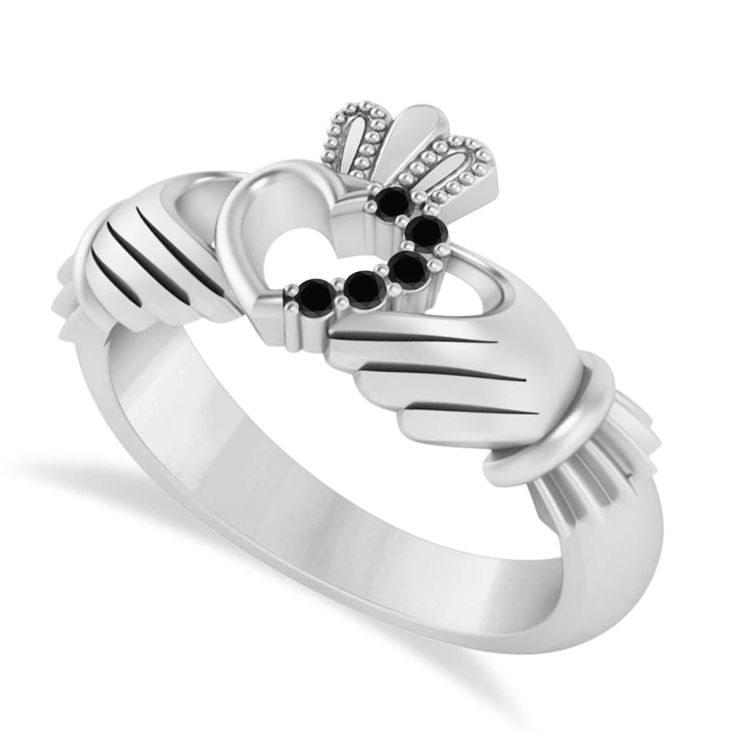 Black Diamond Claddagh Ladies Ring with Hollow Heart 14k White Gold (0.05ct)
