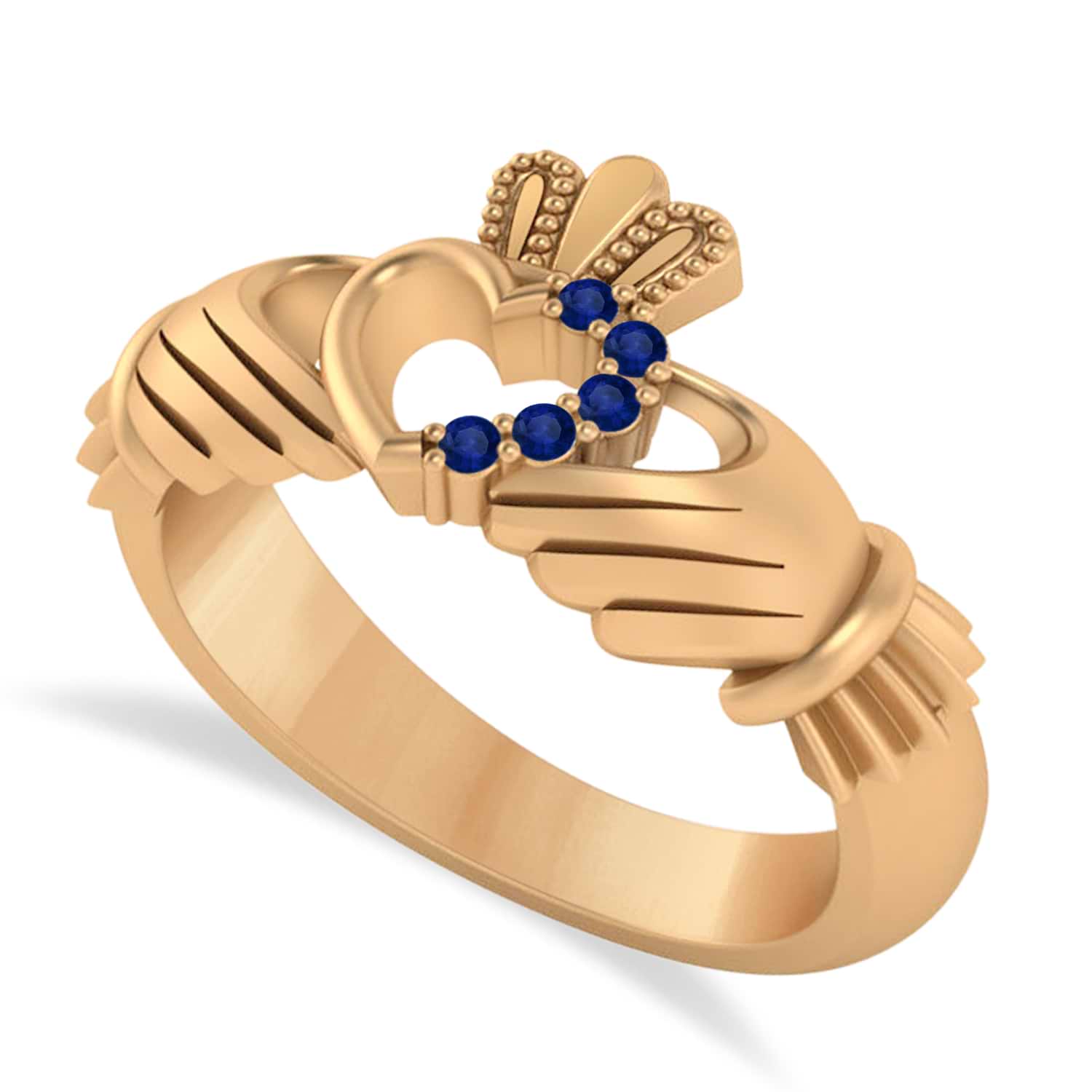 Blue Sapphire Claddagh Ladies Ring with Hollow Heart 14k Rose Gold (0.05ct)