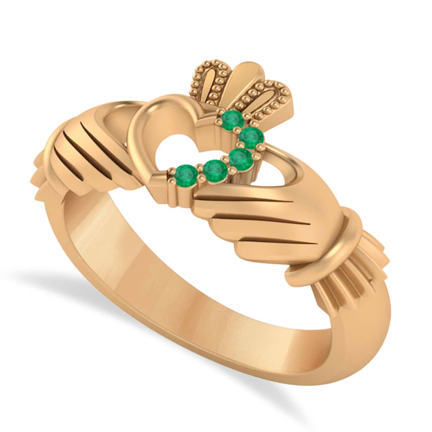 Emerald Claddagh Ladies Ring with Hollow Heart 14k Rose Gold (0.05ct)