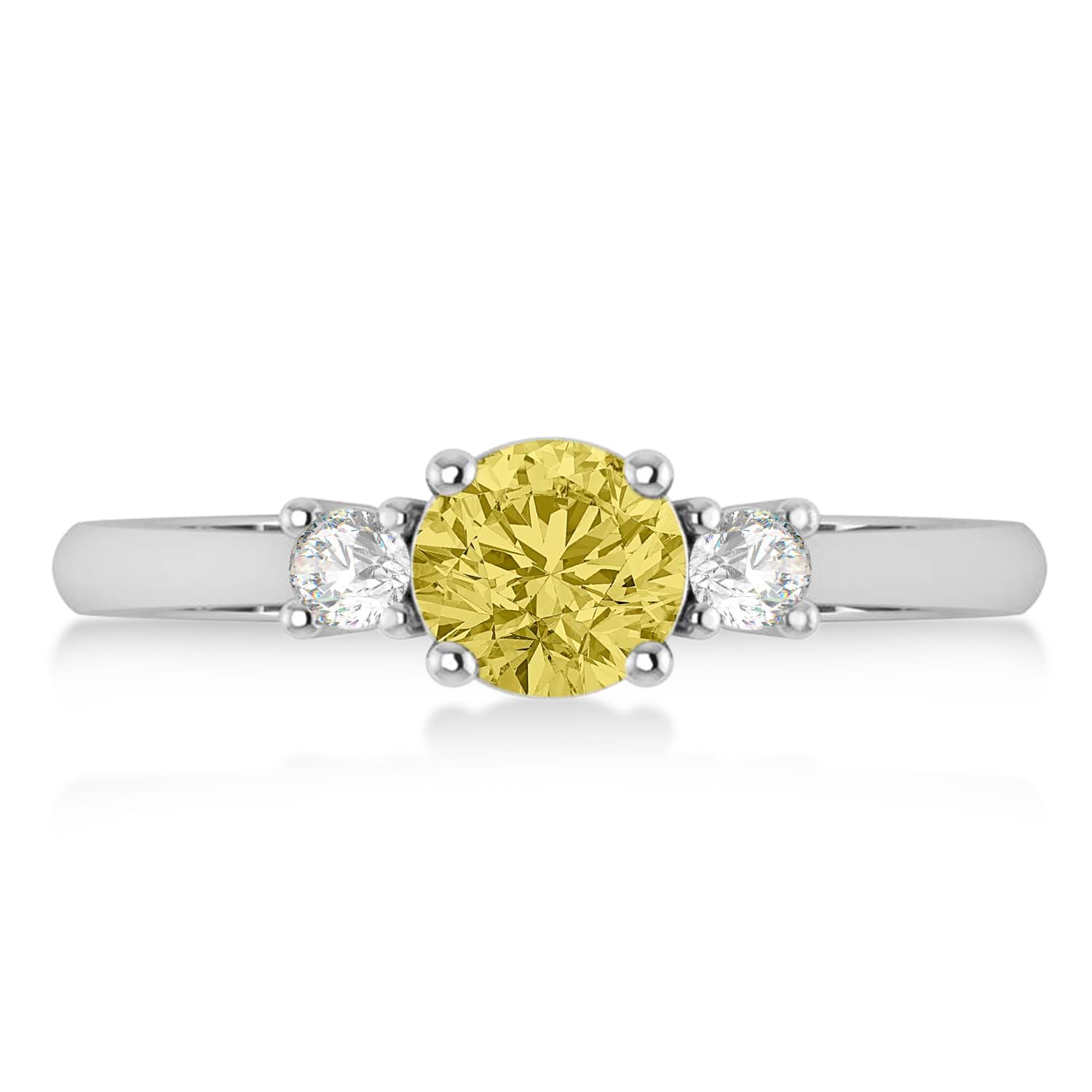 Round Yellow & White Diamond Three-Stone Engagement Ring 14k White Gold (0.89ct)