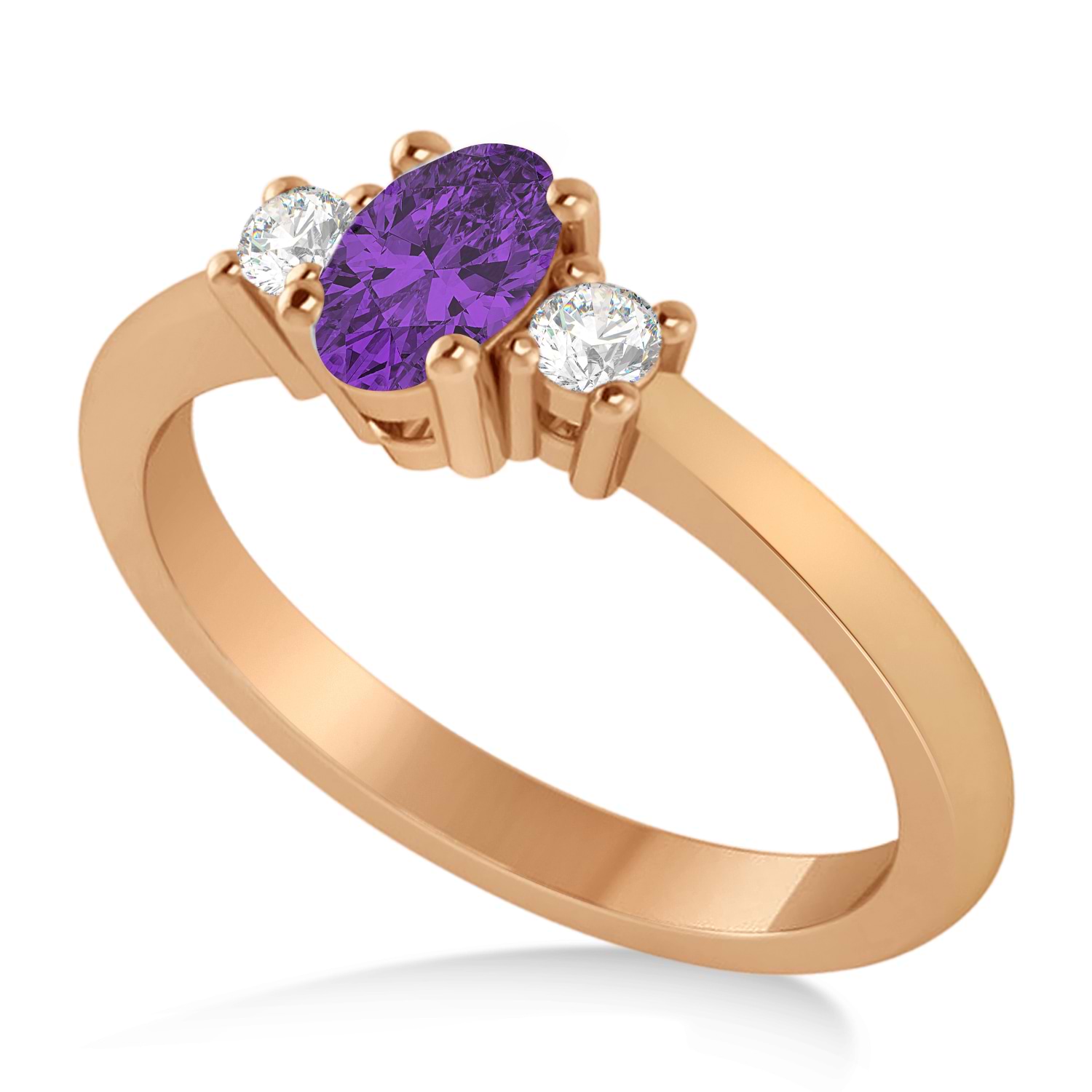 Small Oval Amethyst & Diamond Three-Stone Engagement Ring 14k Rose Gold (0.60ct)