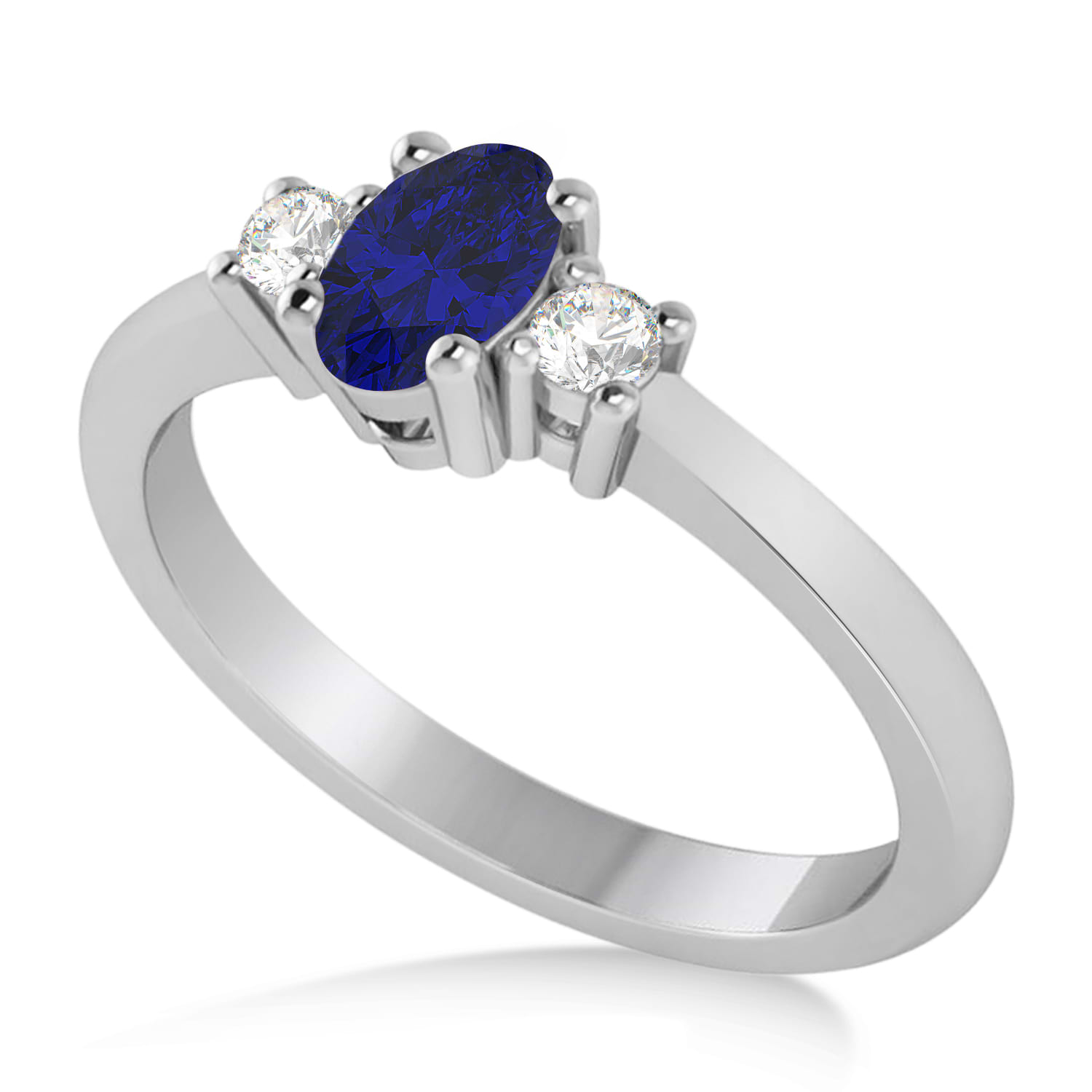Small Oval Blue Sapphire & Diamond Three-Stone Engagement Ring 14k White Gold (0.60ct)