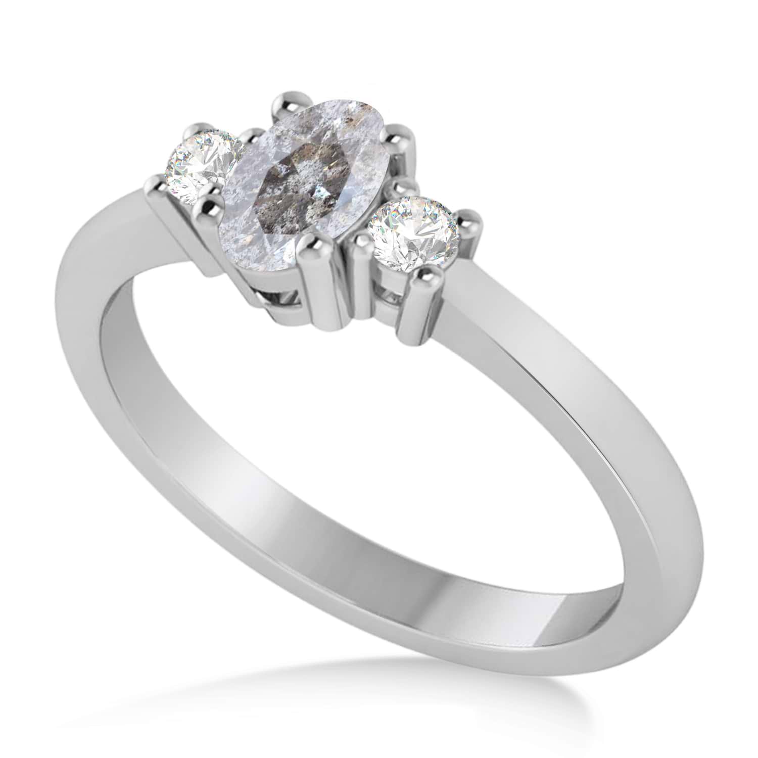 Small Oval Salt & Pepper & White Diamond Three-Stone Engagement Ring 14k White Gold (0.60ct)