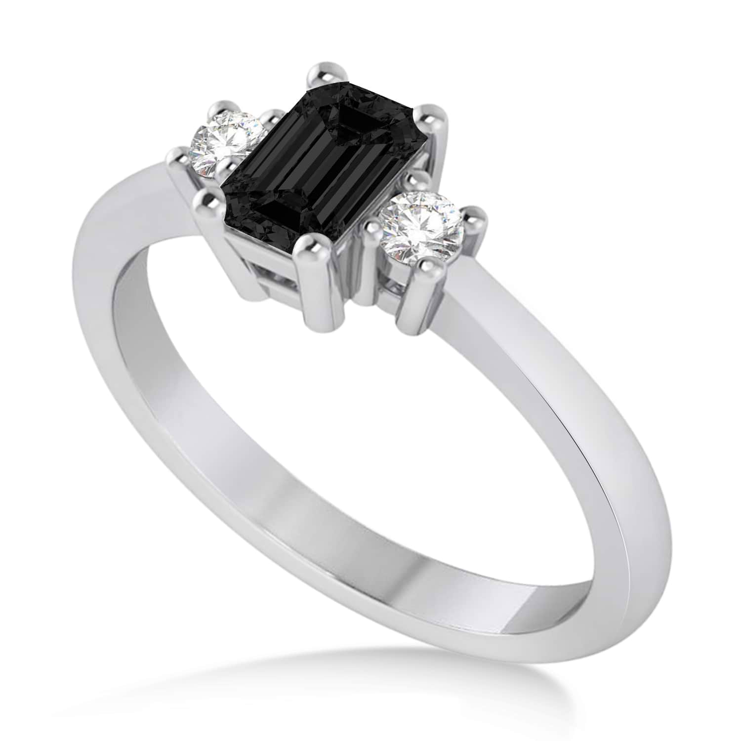 Emerald Black & White Diamond Three-Stone Engagement Ring 14k White Gold (0.60ct)