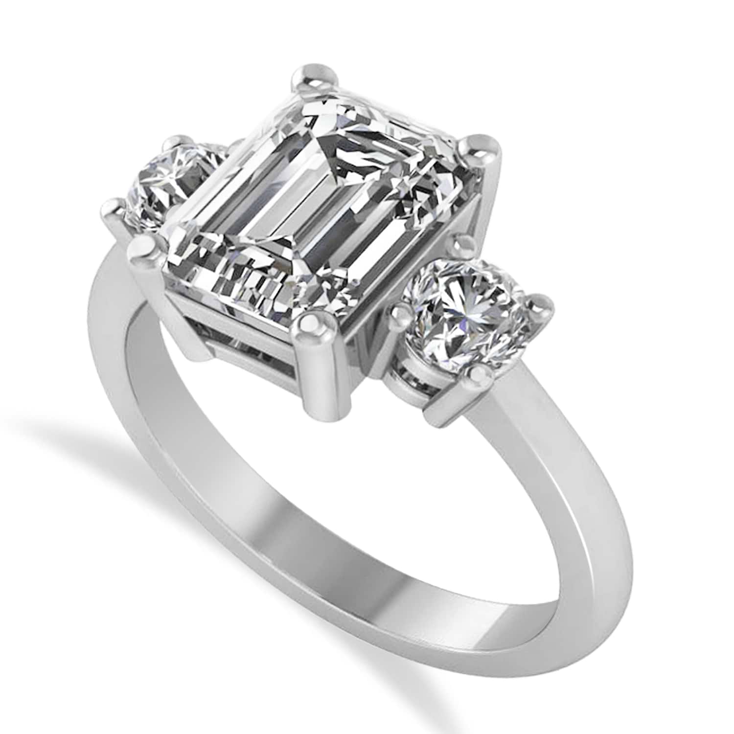 Emerald & Round 3-Stone Diamond Engagement Ring 14k White Gold (3.00ct)