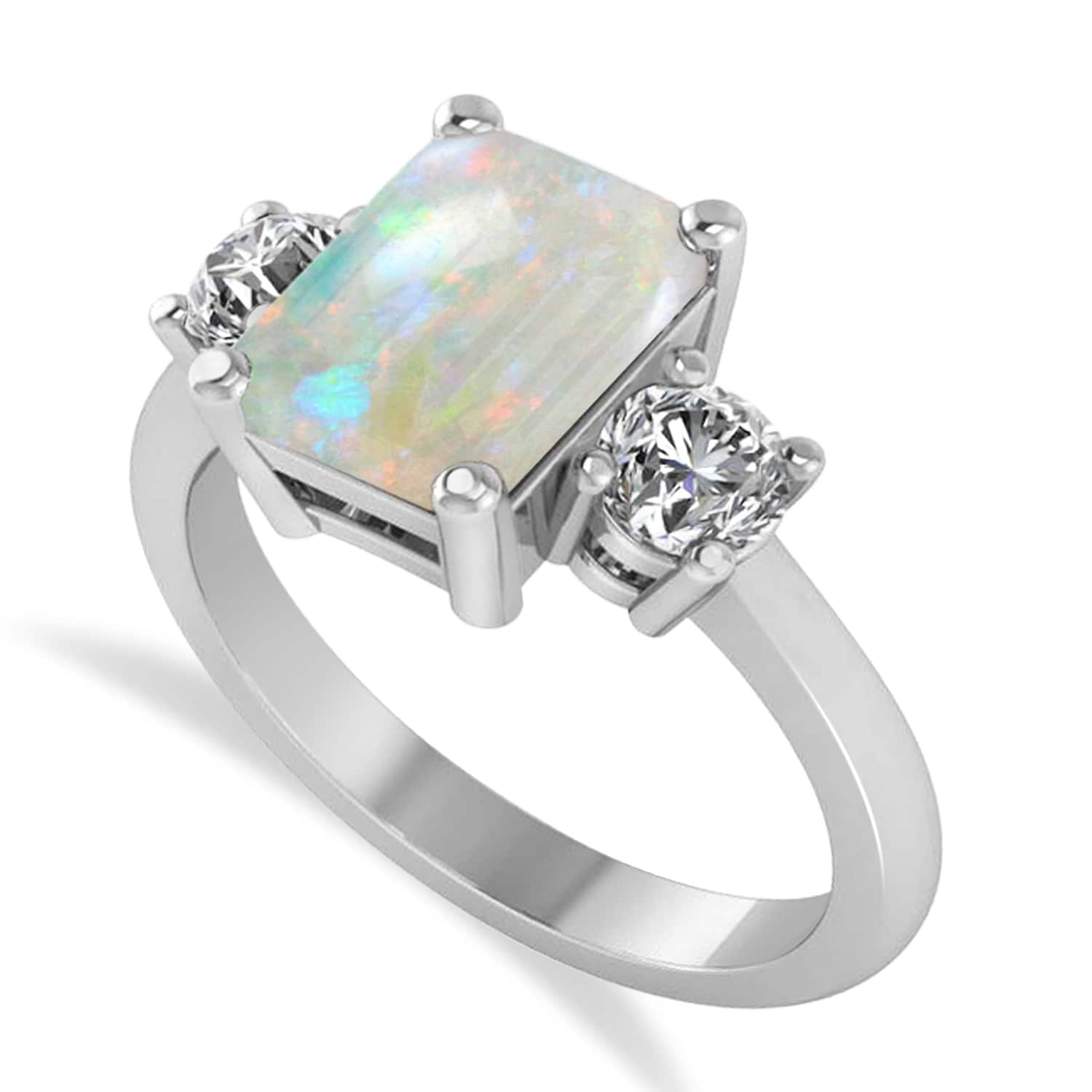 Emerald & Round 3-Stone Opal & Diamond Engagement Ring 14k White Gold (3.00ct)