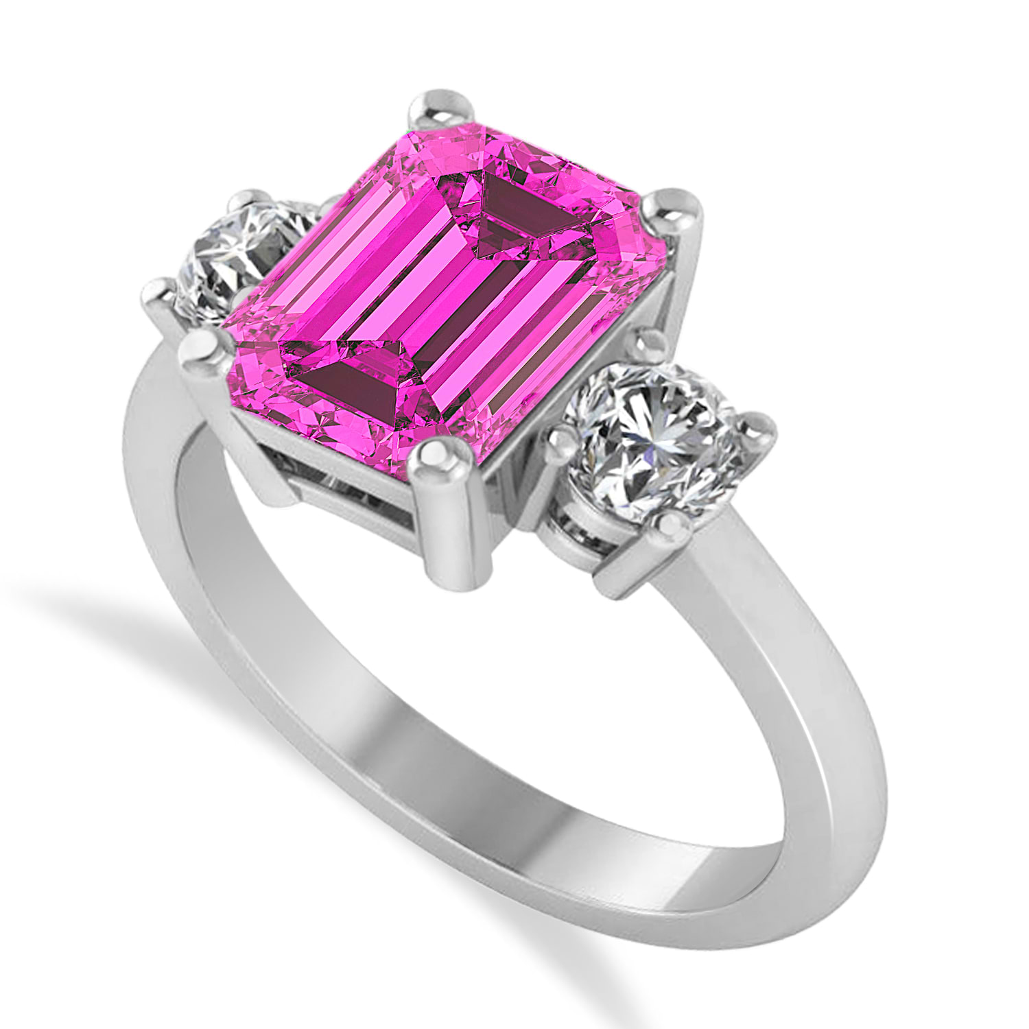 Emerald & Round 3-Stone Pink Topaz & Diamond Engagement Ring 14k White Gold (3.00ct)