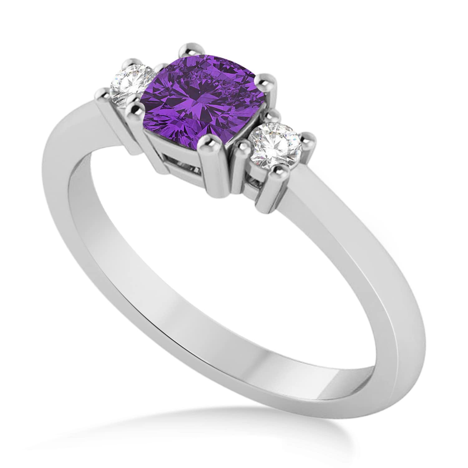 Cushion Amethyst & Diamond Three-Stone Engagement Ring 14k White Gold (0.60ct)