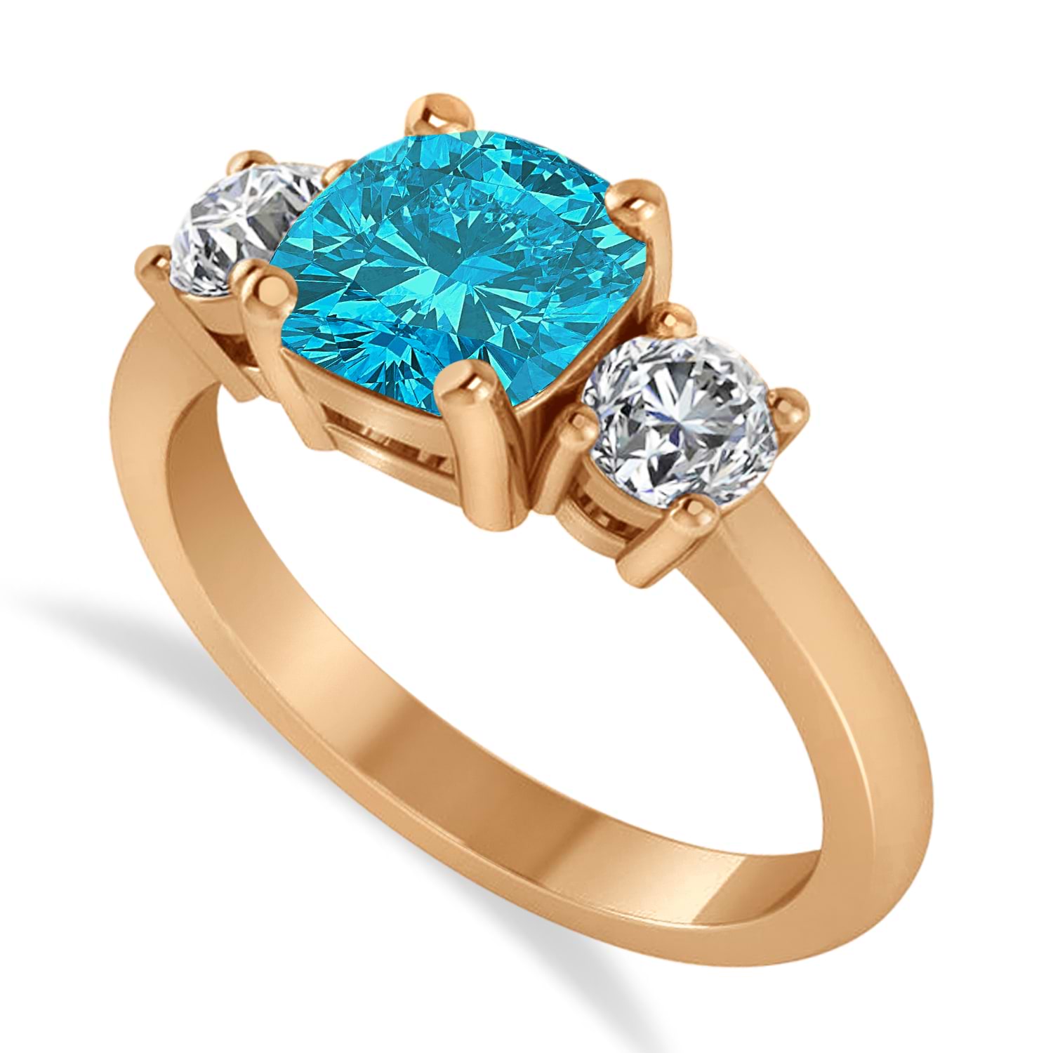 Cushion & Round 3-Stone Blue & White Diamond Engagement Ring 14k Rose Gold (2.50ct)