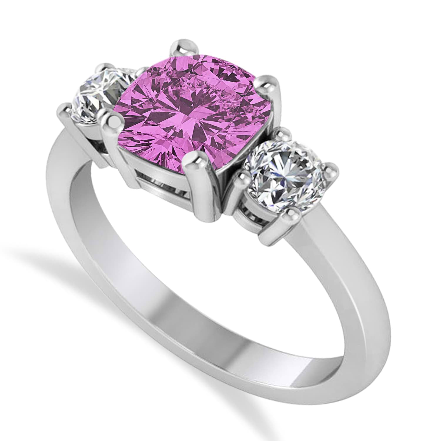 Cushion & Round 3-Stone Pink Sapphire & Diamond Engagement Ring 14k White Gold (2.50ct)
