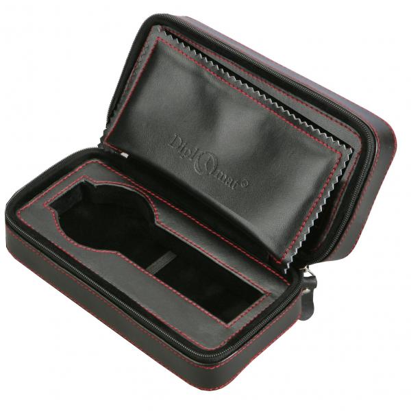 Two Watch Travel Case Pouch in Black Leather w/ Red Stitching