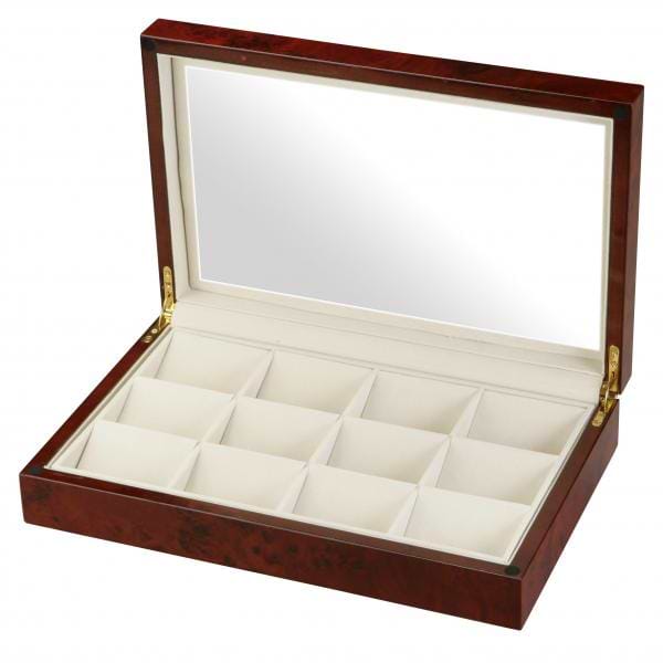 Glass Top Burl Wood 12 Pocket Watch Box Storage