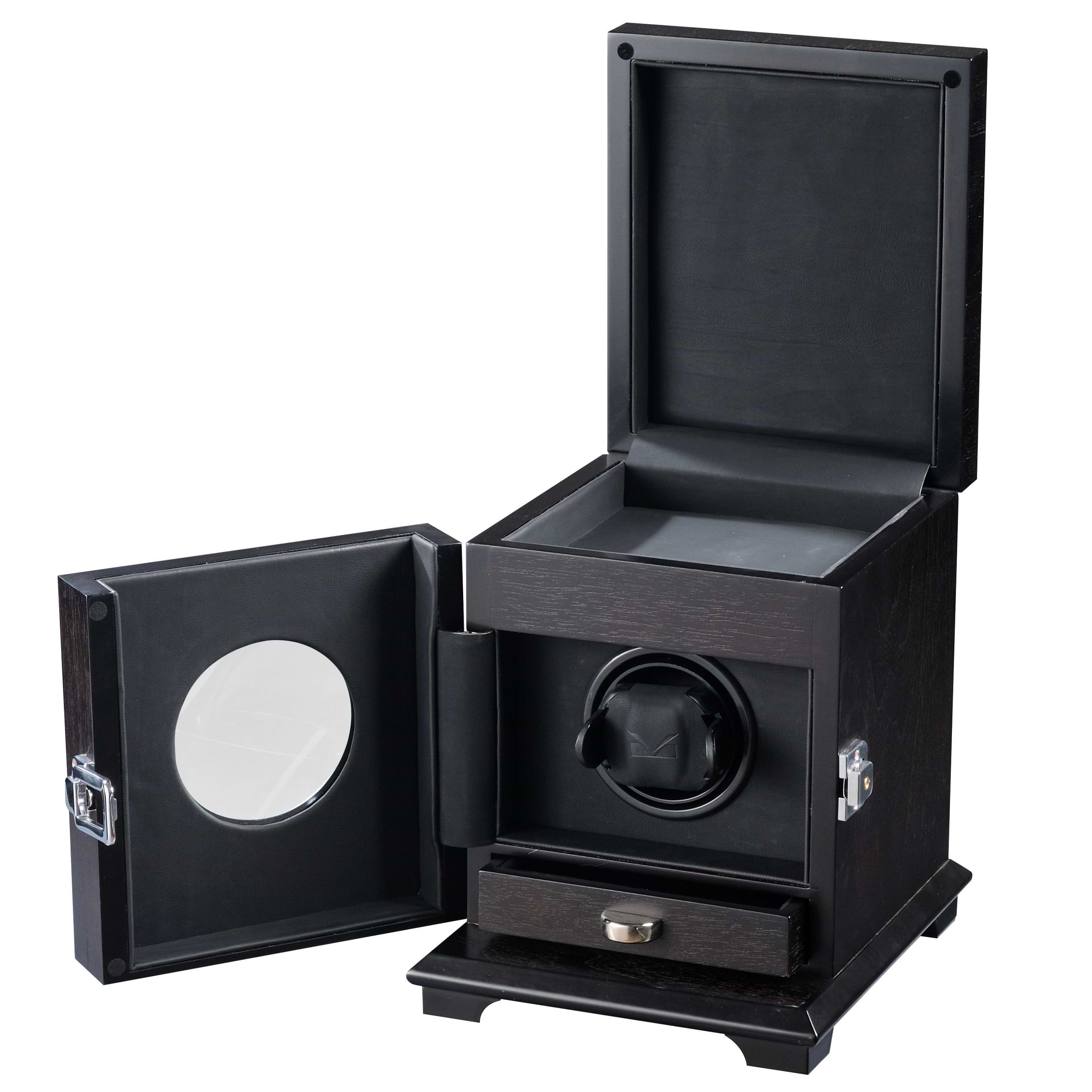 Single Square Watch Winder Rustic Brown Wood & Black Leather Interior