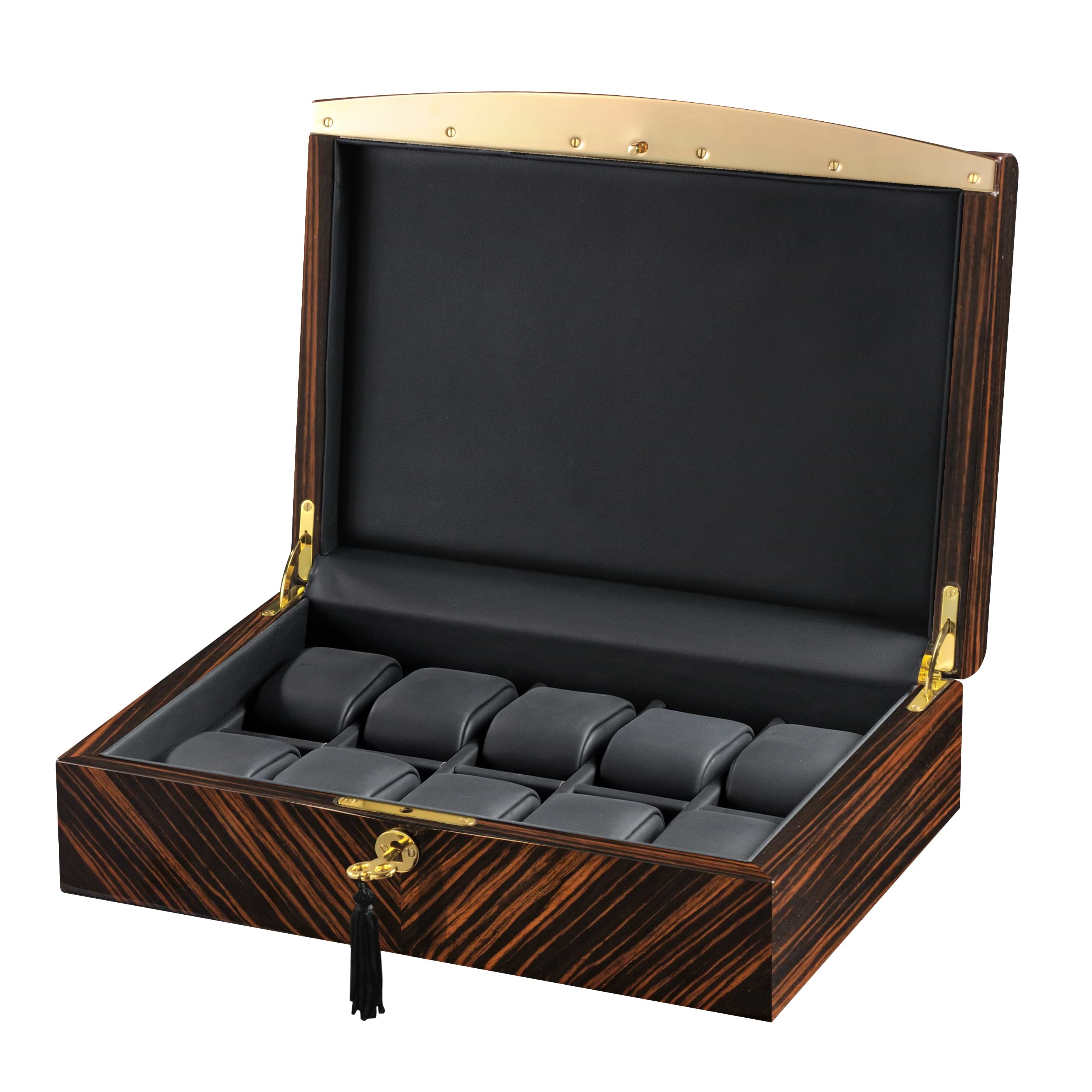 High Gloss Ebony Wood & Accents Ten Watch Case Black Leather Interior