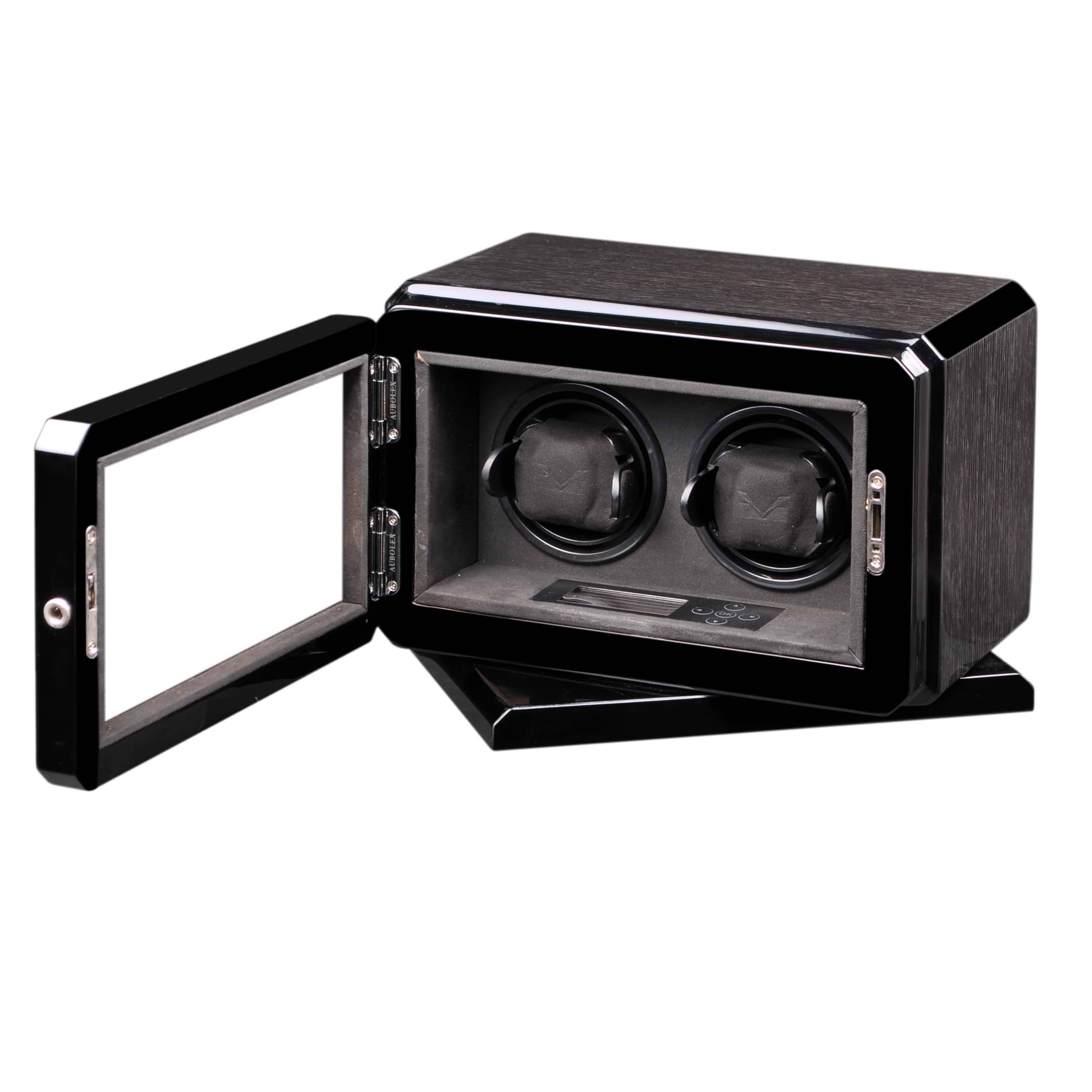 High Gloss Black Oak Rotating Base Double Watch Winder Suede Interior