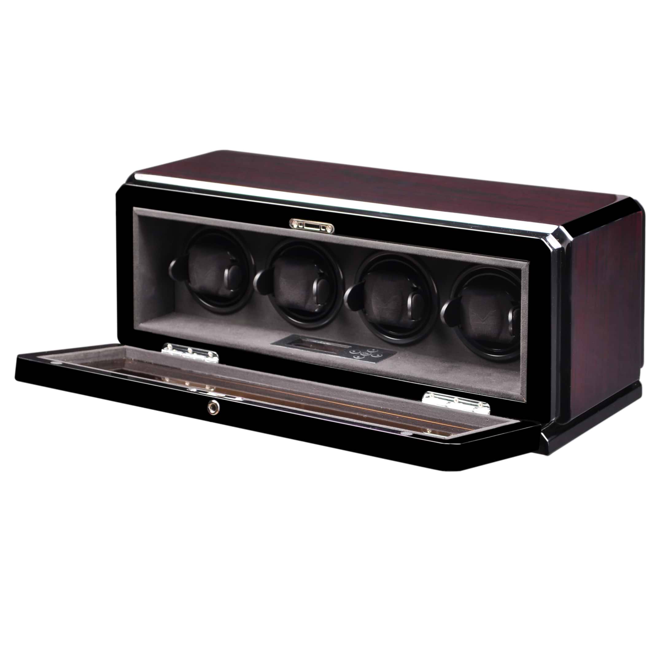 High Gloss Rosewood Four Watch Winder w/ Glass Window & Suede Interior