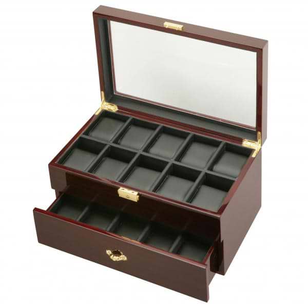 Two Tier 20 Watch Box Case in Ebony Wood w/ Locking Lucite Display Top