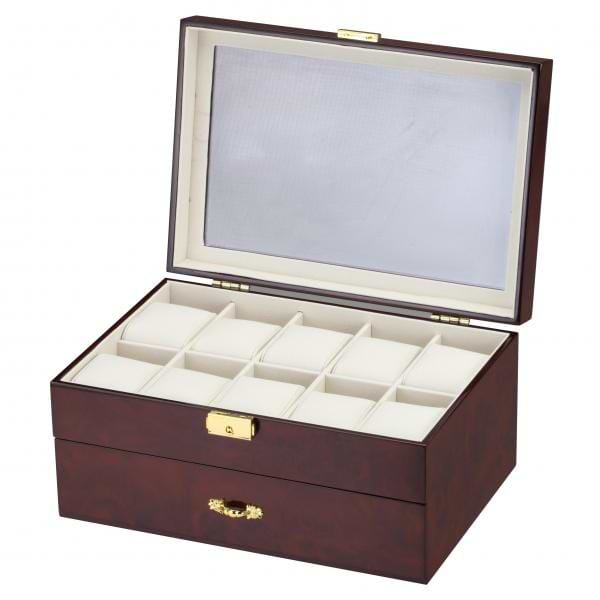 10 Watch Box w/ Pen & Cufflink Storage in Mahogany Wood