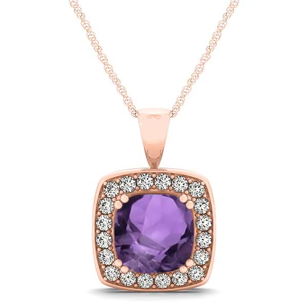 Amethyst & Diamond Halo Cushion Pendant Necklace 14k Rose Gold (1.65ct)