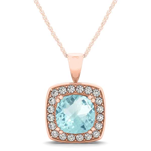 Aquamarine & Diamond Halo Cushion Pendant Necklace 14k Rose Gold (1.46ct)