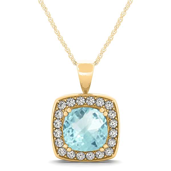 Aquamarine & Diamond Halo Cushion Pendant Necklace 14k Yellow Gold (1.46ct)