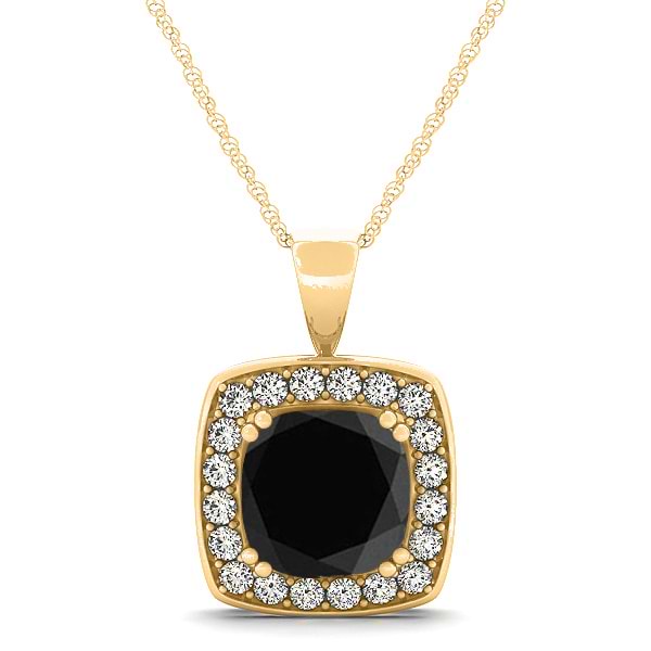 Black Diamond & Diamond Halo Cushion Pendant Necklace 14k Yellow Gold (1.48ct)