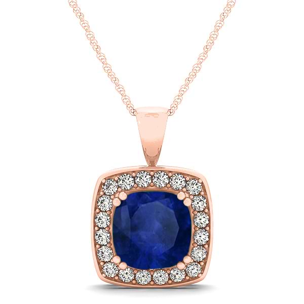 Blue Sapphire & Diamond Halo Cushion Pendant Necklace 14k Rose Gold (1.93ct)