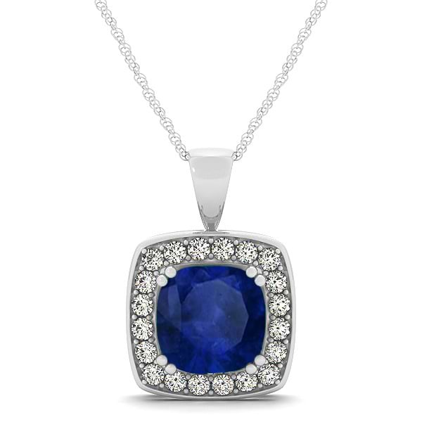 Blue Sapphire & Diamond Halo Cushion Pendant Necklace 14k White Gold (1.93ct)