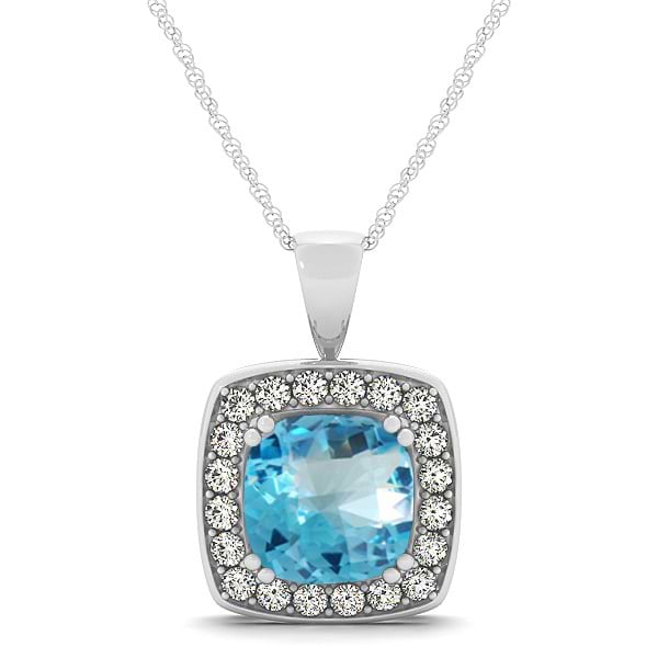 Blue Topaz & Diamond Halo Cushion Pendant Necklace 14k White Gold (1.95ct)