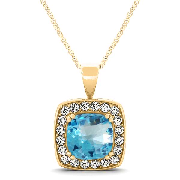 Blue Topaz & Diamond Halo Cushion Pendant Necklace 14k Yellow Gold (1.95ct)