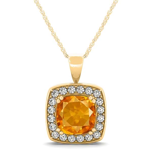 Citrine & Diamond Halo Cushion Pendant Necklace 14k Yellow Gold (1.55ct)